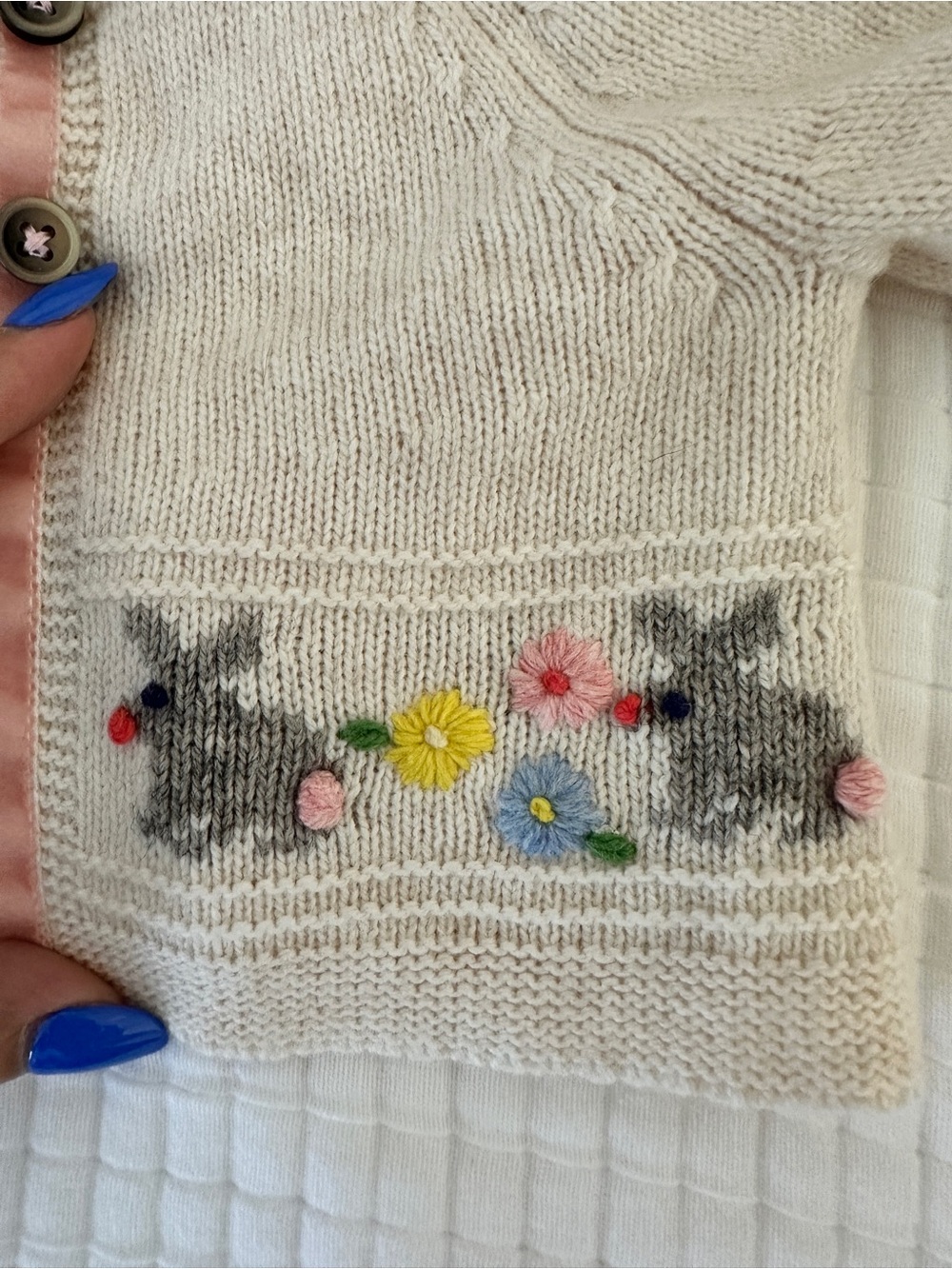 Baby Boden Cream Cardigan with Gray Bunny & Pastel Flower Embroidery - Picture 3 of 4